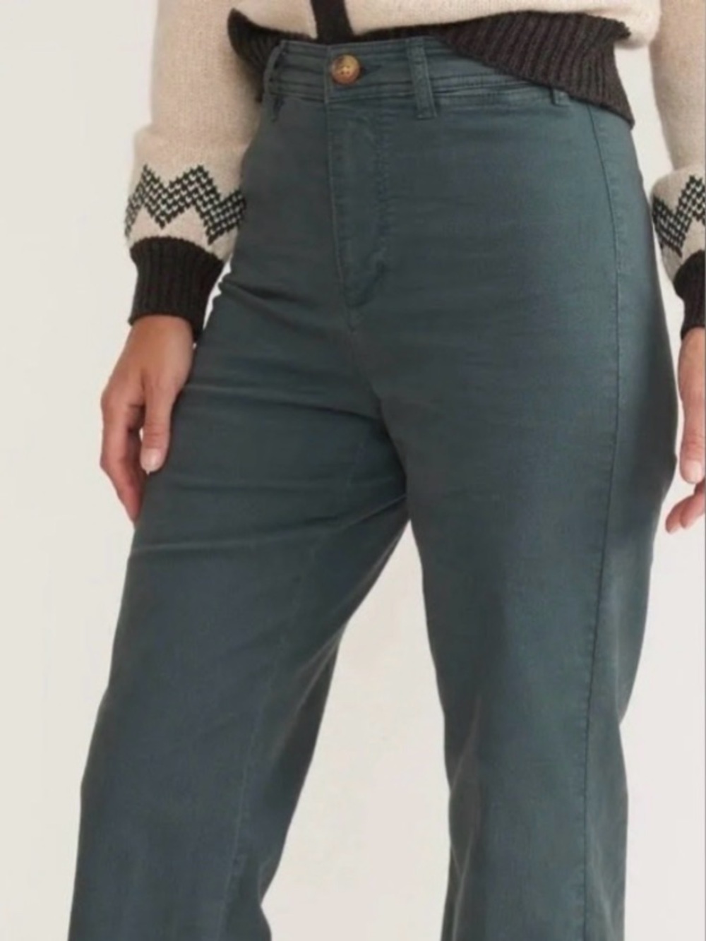 Marine Layer Bridget Dark Green High-Waisted Wide Leg Jeans with fringe bottoms